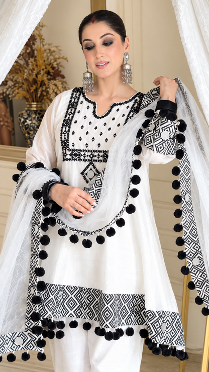 Natural Crepe Ethnic Suit Set with Real Mirror Work Thread Embroidery & Lace Dupatta