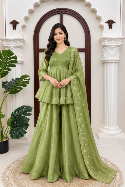Lime Green Embroidered Peplum Kurti with Sharara & Matching Dupatta