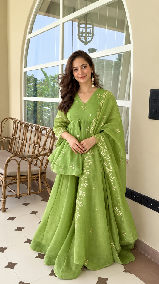 Lime Green Embroidered Peplum Kurti with Sharara & Matching Dupatta