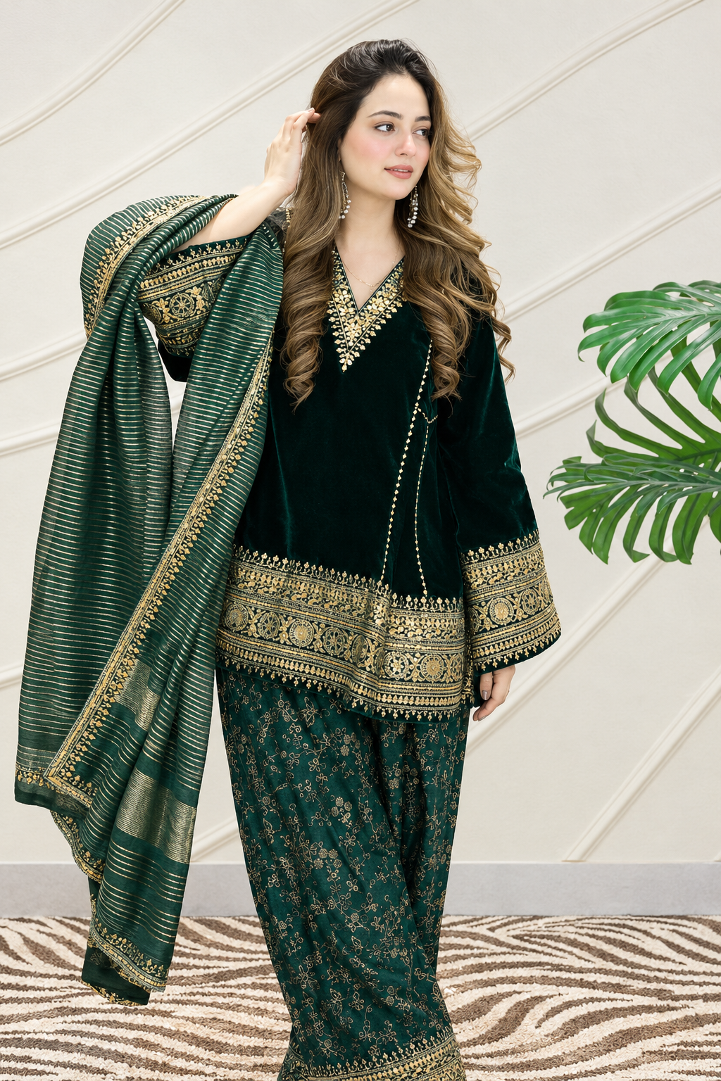 Emerald Green Velvet Punjabi Suit with Heavy Golden Embroidery, Matching Pants & Dupatta