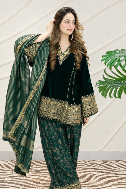 Emerald Green Velvet Punjabi Suit with Heavy Golden Embroidery, Matching Pants & Dupatta