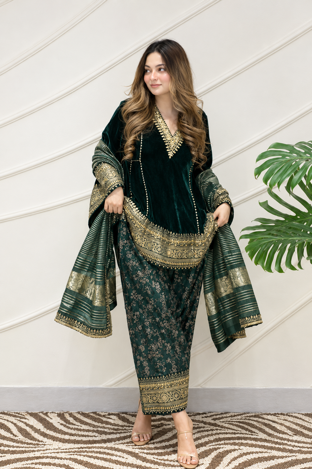 Emerald Green Velvet Punjabi Suit with Heavy Golden Embroidery, Matching Pants & Dupatta