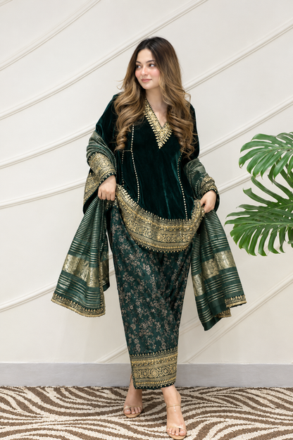 Emerald Green Velvet Punjabi Suit with Heavy Golden Embroidery, Matching Pants & Dupatta