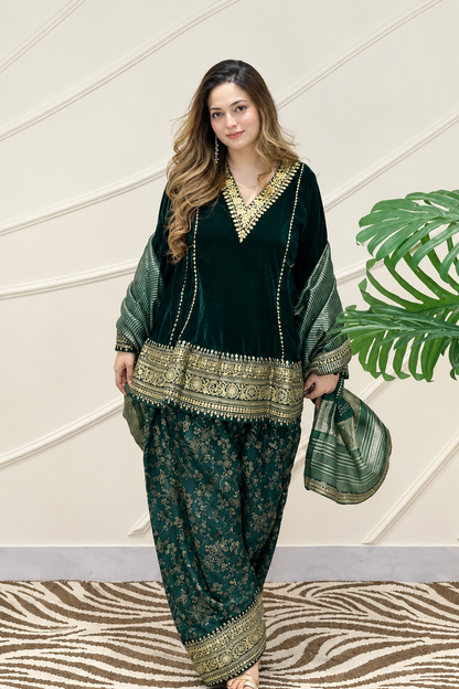 Emerald Green Velvet Punjabi Suit with Heavy Golden Embroidery, Matching Pants & Dupatta