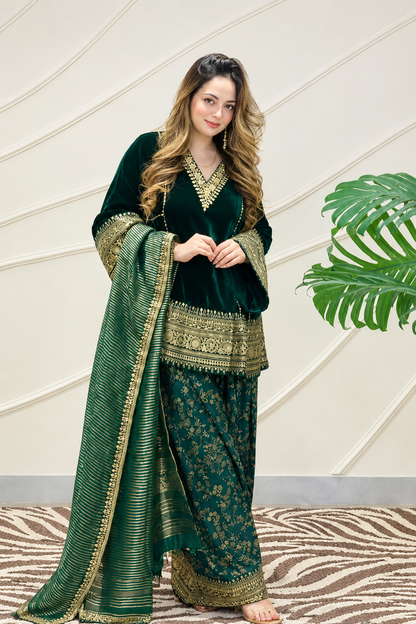 Emerald Green Velvet Punjabi Suit with Heavy Golden Embroidery, Matching Pants & Dupatta