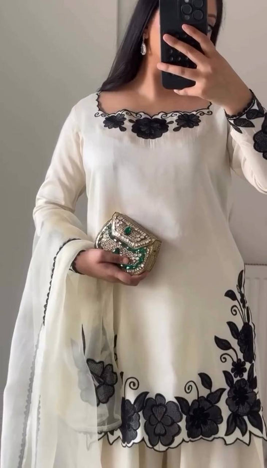 Cream Farshi Salwar Suit with Black Floral Embroidery Designer Kurti