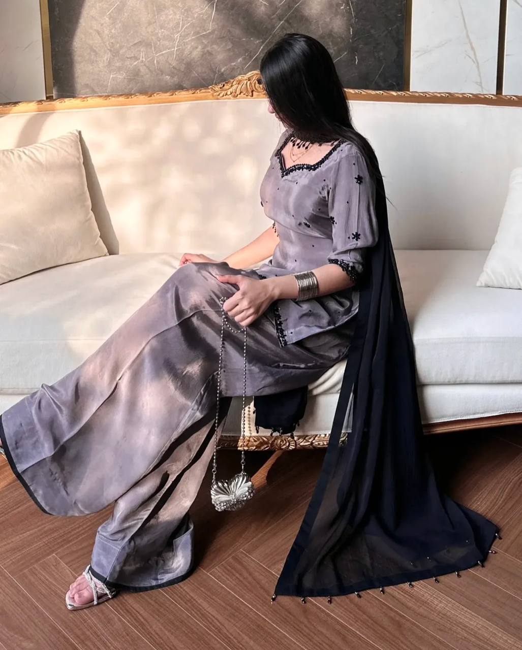 Grey Crepe Silk Farshi Salwar Suit with Black Embroidery & Dupatta