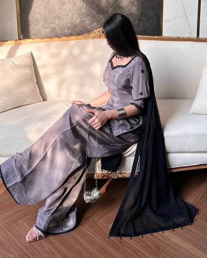 Grey Crepe Silk Farshi Salwar Suit with Black Embroidery & Dupatta