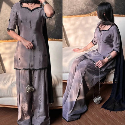 Grey Crepe Silk Farshi Salwar Suit with Black Embroidery & Dupatta