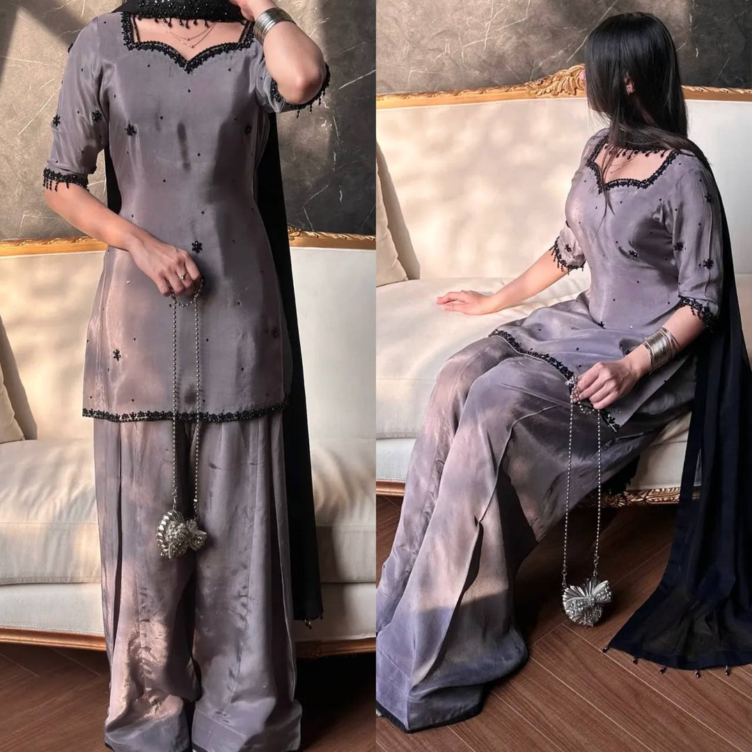 Salwar Suits Silver Lady Boutique Grey Crepe Silk Farshi Salwar