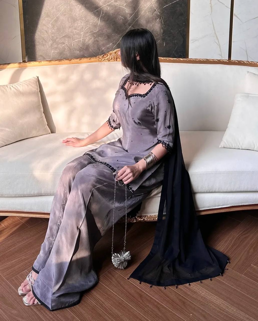 Grey Crepe Silk Farshi Salwar Suit with Black Embroidery & Dupatta