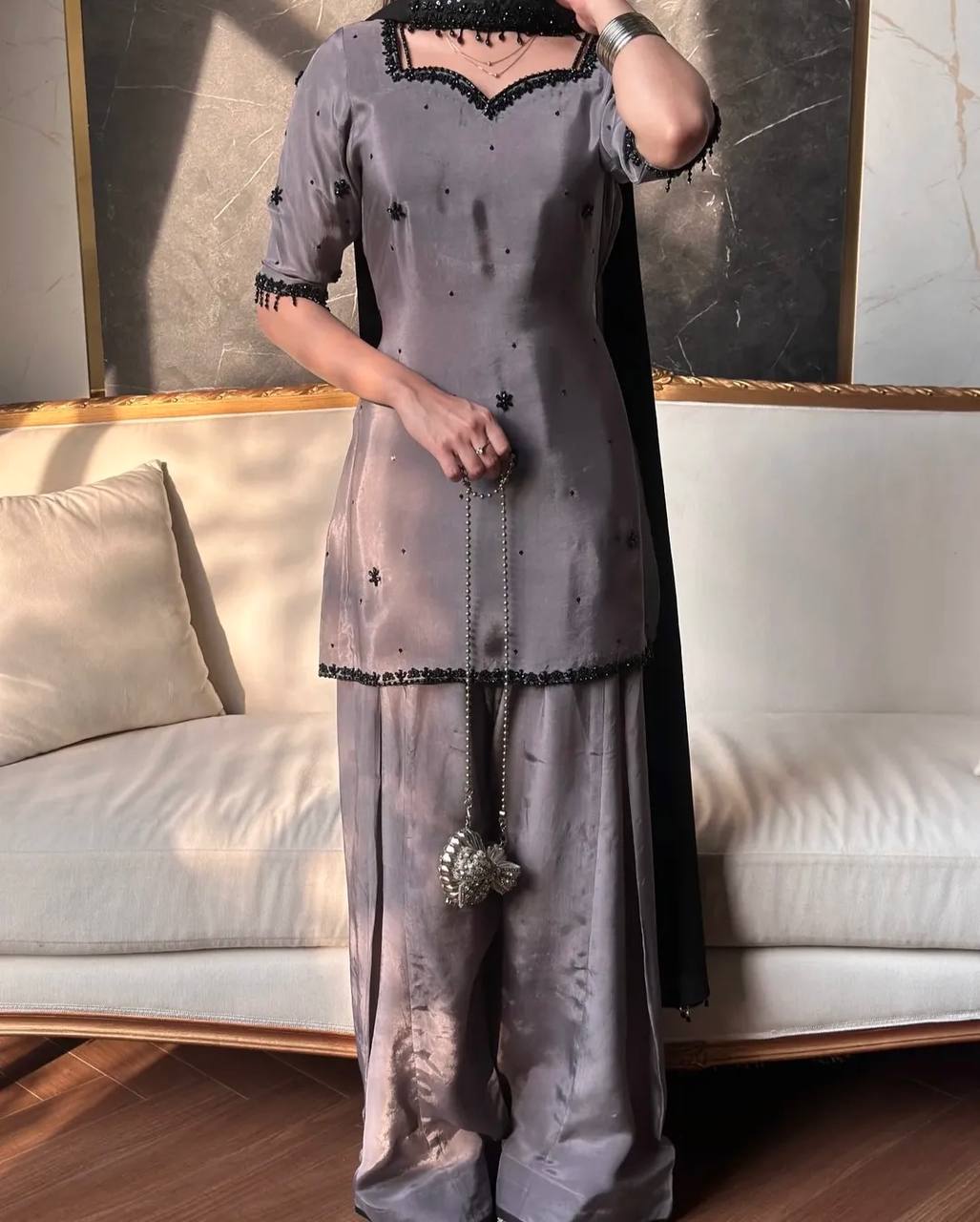 Grey Crepe Silk Farshi Salwar Suit with Black Embroidery & Dupatta