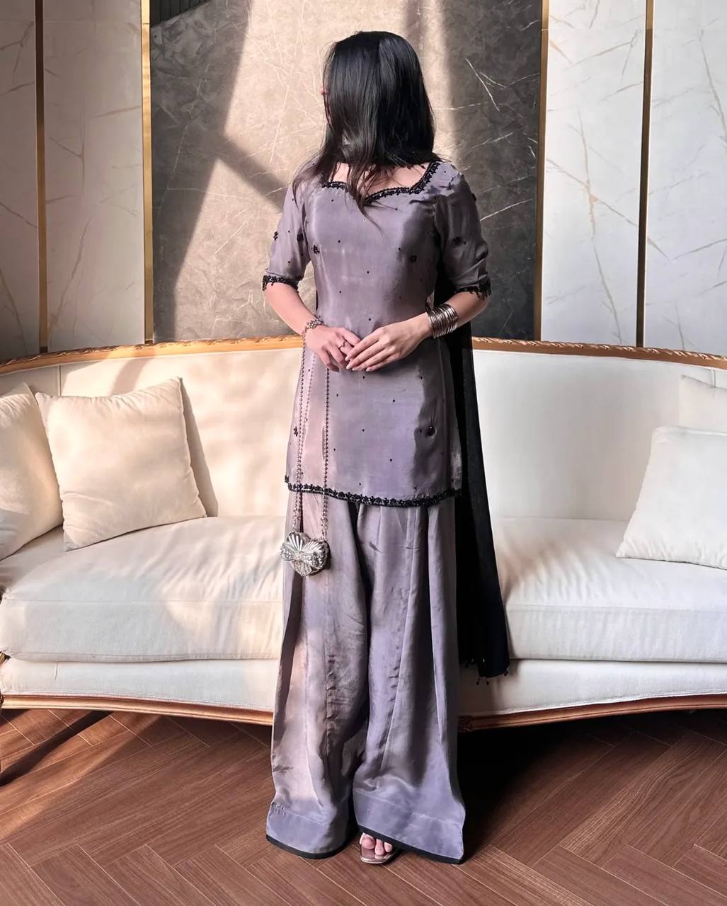 Grey Crepe Silk Farshi Salwar Suit with Black Embroidery & Dupatta