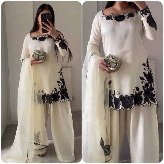 Cream Farshi Salwar Suit with Black Floral Embroidery Designer Kurti
