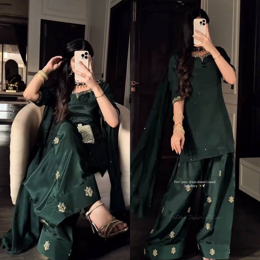Dark Green Silk Farshi Salwar Suit with Embroidery & Dupatta