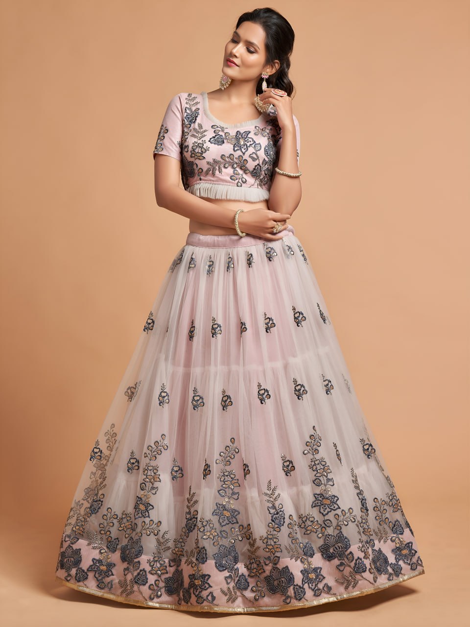 Blush Pink Net Embroidered Lehenga Choli for Wedding & Reception