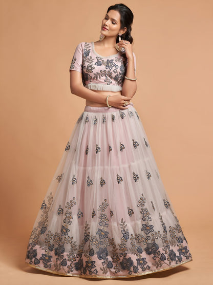 Blush Pink Net Embroidered Lehenga Choli for Wedding & Reception
