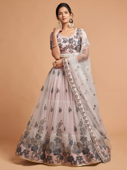 Blush Pink Net Embroidered Lehenga Choli for Wedding & Reception