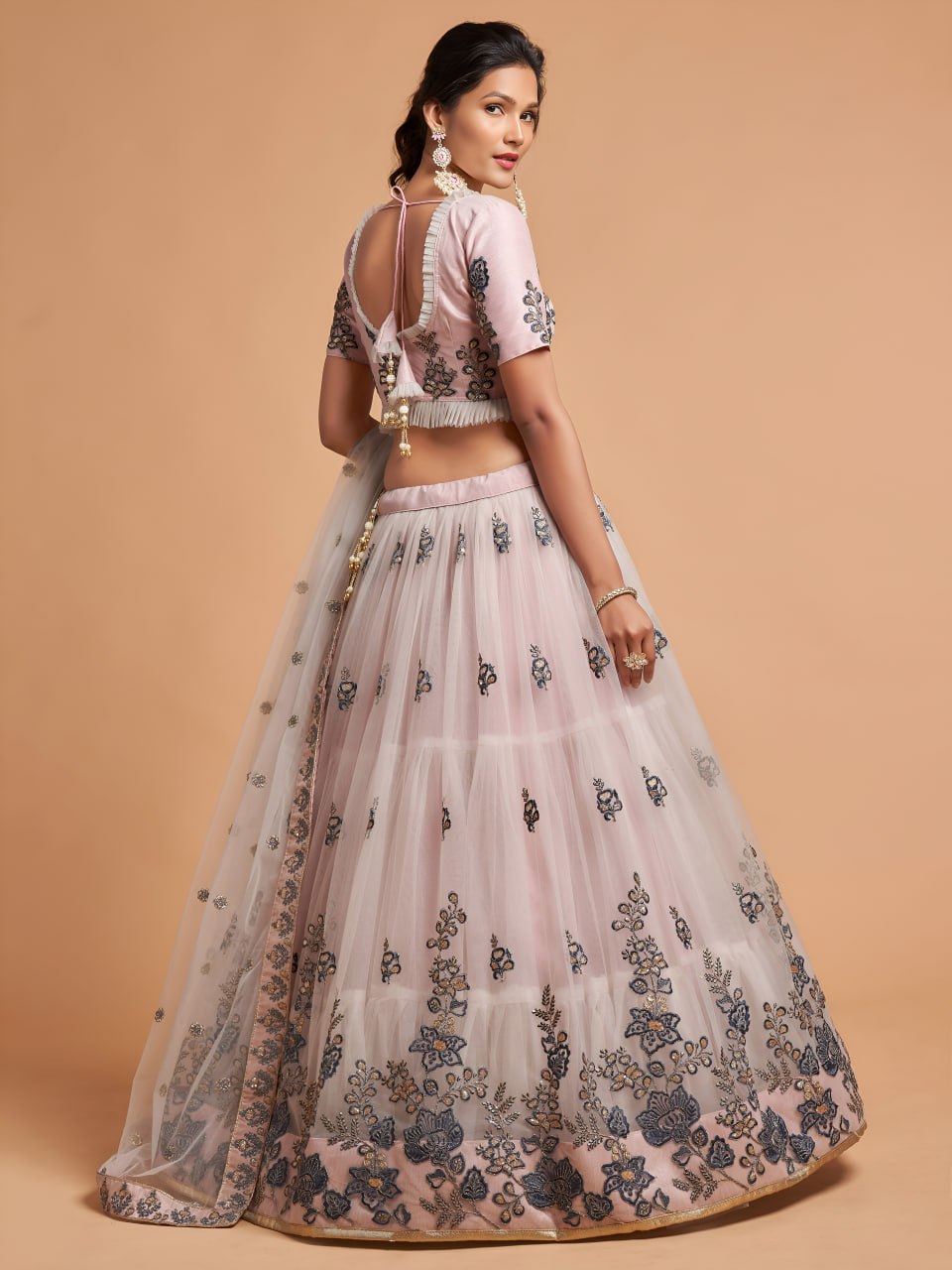 Blush Pink Net Embroidered Lehenga Choli for Wedding & Reception