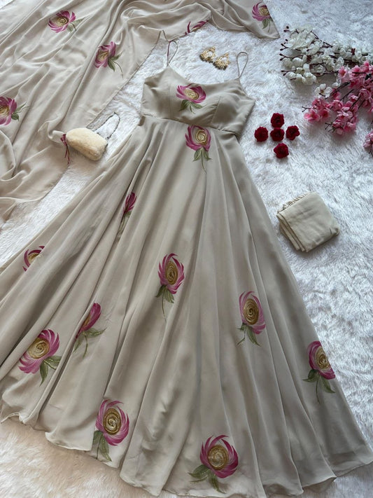 Beige Handpainted Georgette Anarkali Gown with Dupatta & Pant Set