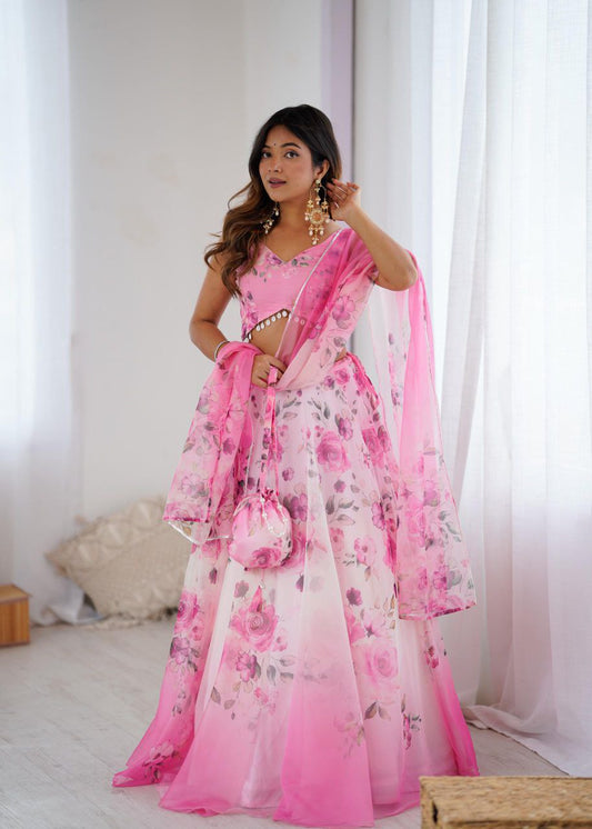 Pink Floral Organza Lehenga Choli with Dupatta and Potli Bag