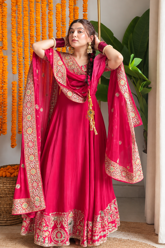 Fuchsia Pink Anarkali Gown with Heavy Embroidered Dupatta