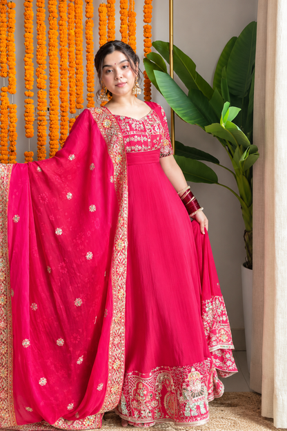 Fuchsia Pink Anarkali Gown with Heavy Embroidered Dupatta