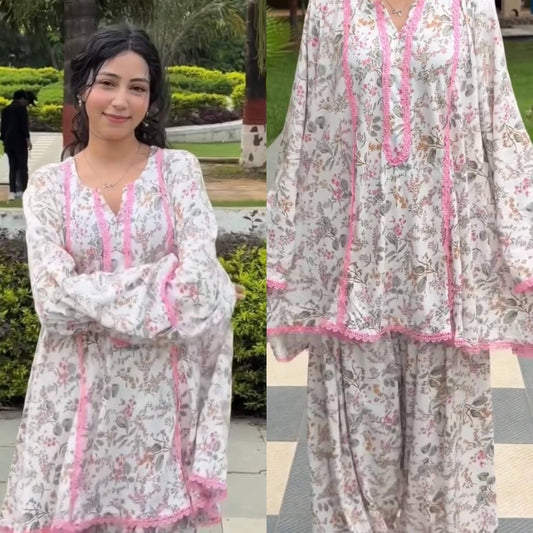 Floral Pure Natural Crepe Farshi Pant Suit Set with Nazmin Dupatta