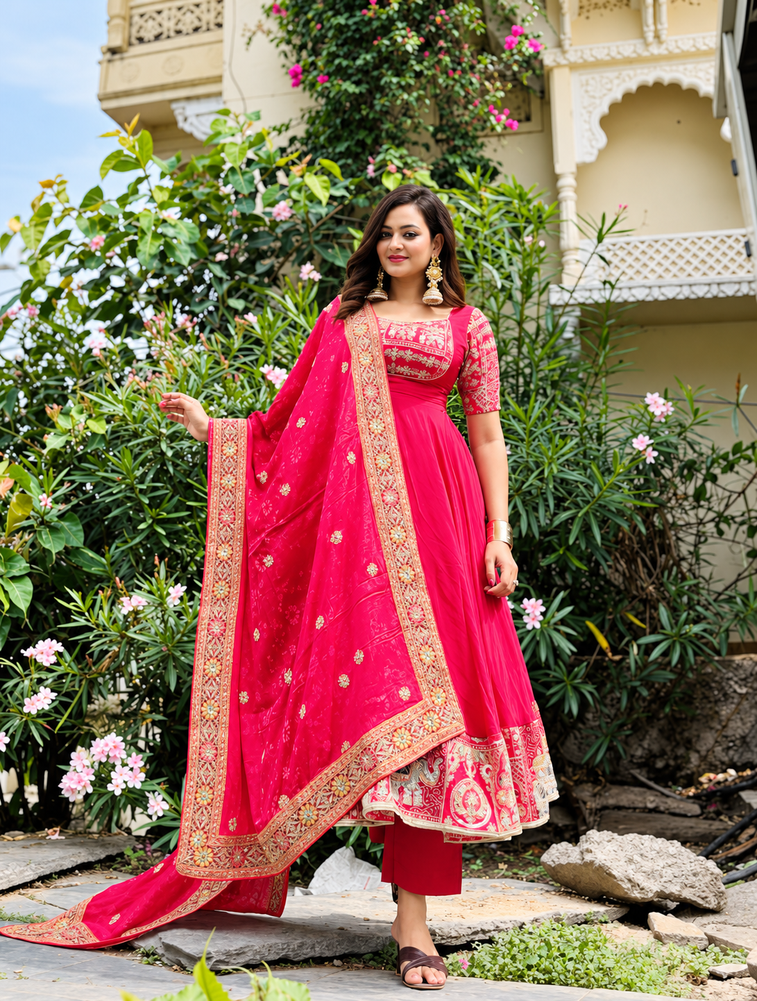 Fuchsia Pink Anarkali Gown with Heavy Embroidered Dupatta
