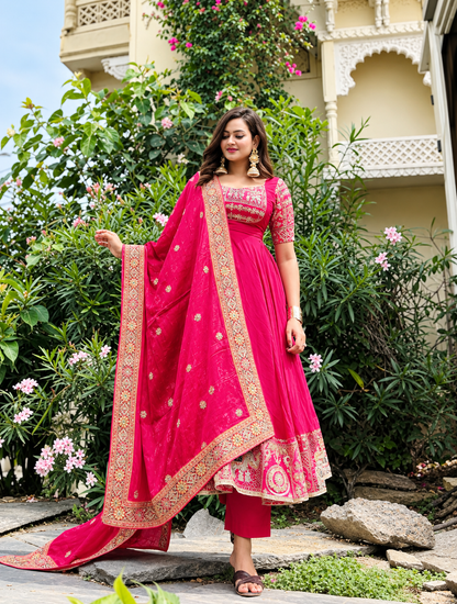 Fuchsia Pink Anarkali Gown with Heavy Embroidered Dupatta