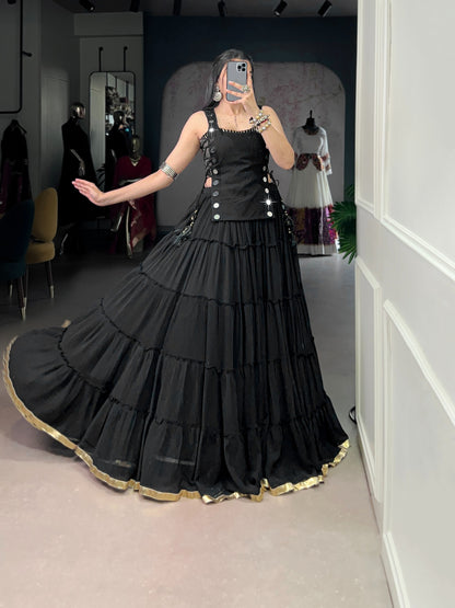 Black Tiered Lehenga with Mirror work Choli for Navratri & Dandiya Nights