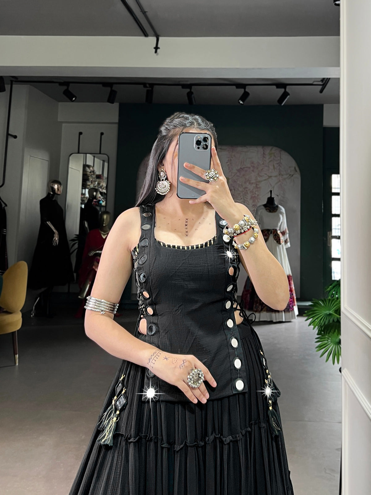 Black Tiered Lehenga with Mirror work Choli for Navratri & Dandiya Nights