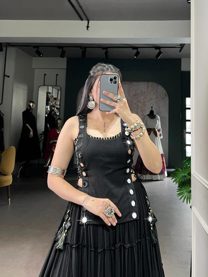 Black Tiered Lehenga with Mirror work Choli for Navratri & Dandiya Nights