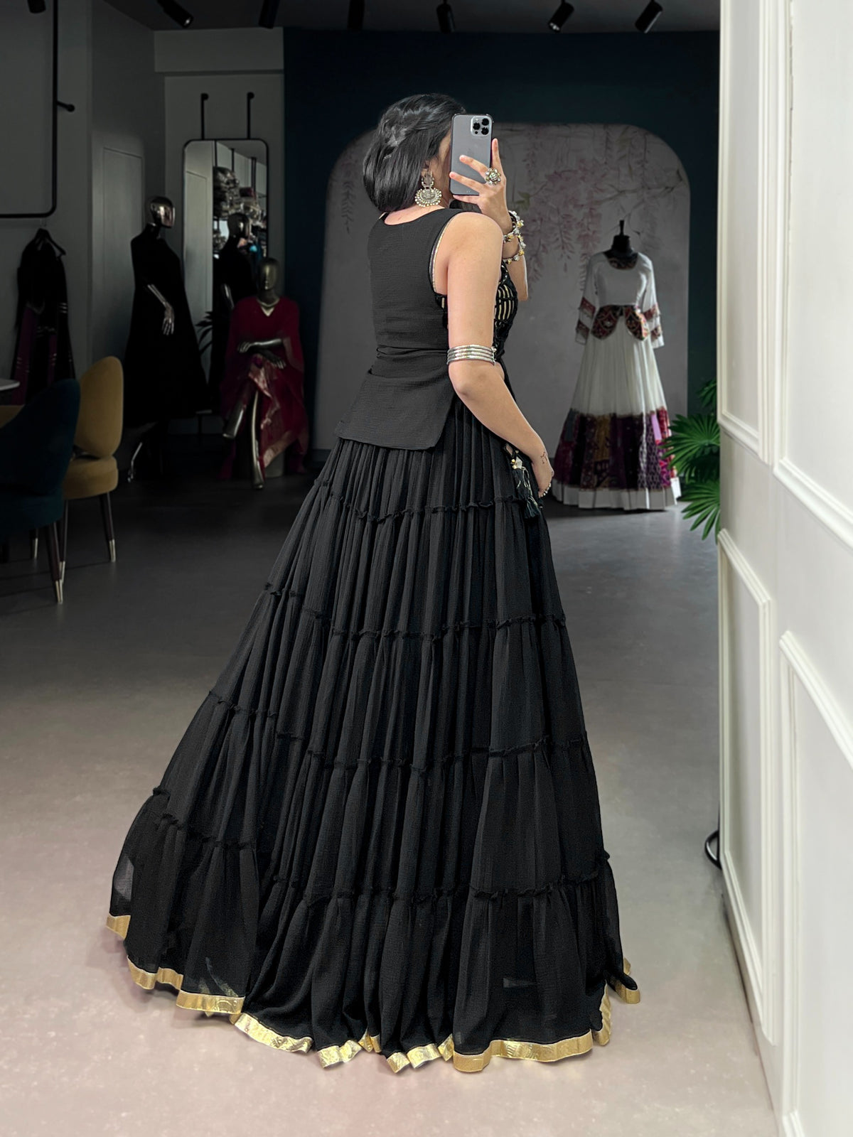 Black Tiered Lehenga with Mirror work Choli for Navratri & Dandiya Nights