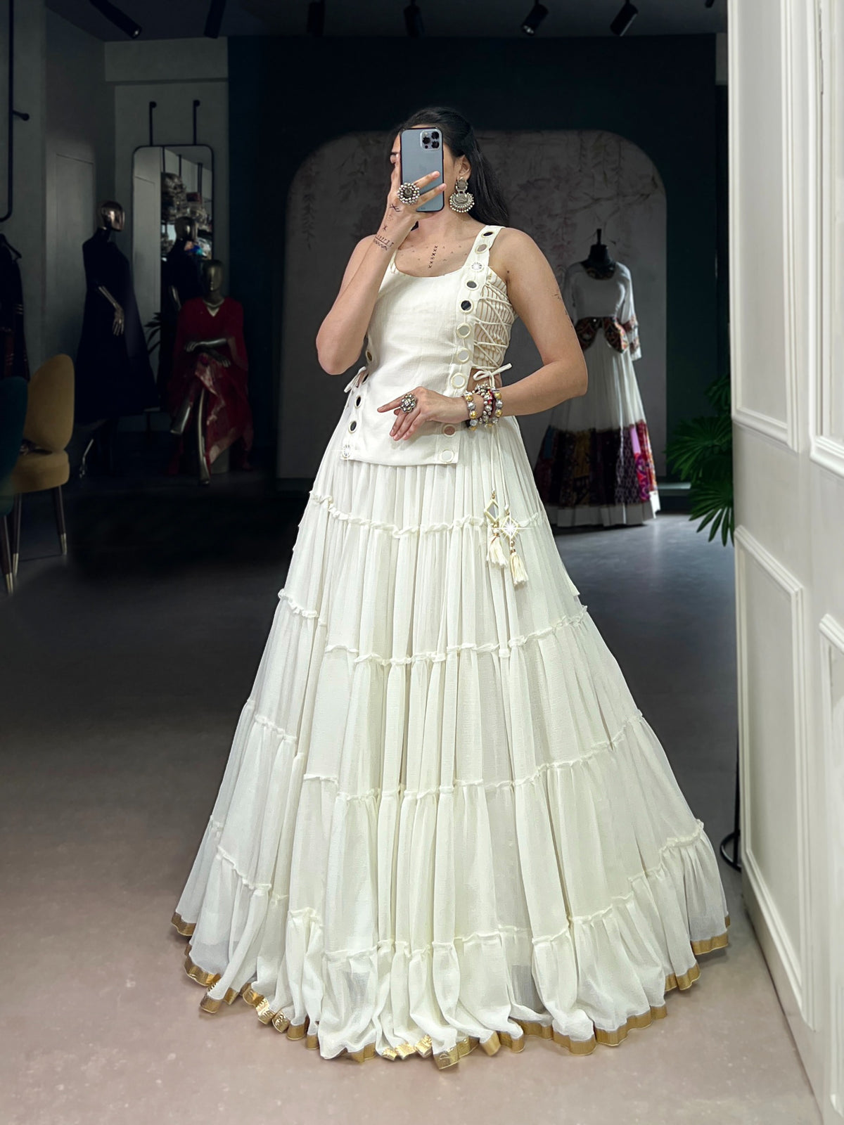 Elegant White Garba Lehenga Choli with Mirror Detailing
