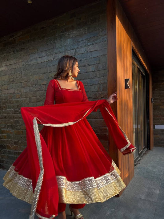 Red Georgette Anarkali Gown with Golden Zari Border & Dupatta