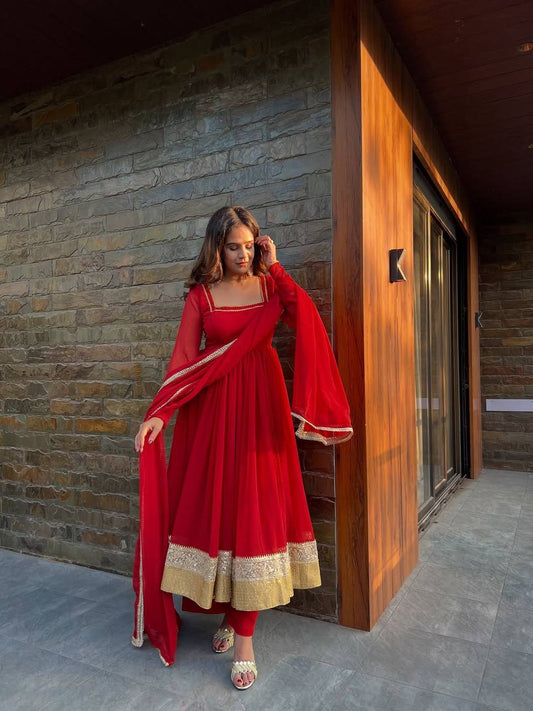Red Georgette Anarkali Gown with Golden Zari Border & Dupatta