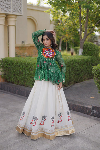 Pink Bandhani Gamthi Embroidered Peplum Top with Kora Cotton Gota Lace Lehenga