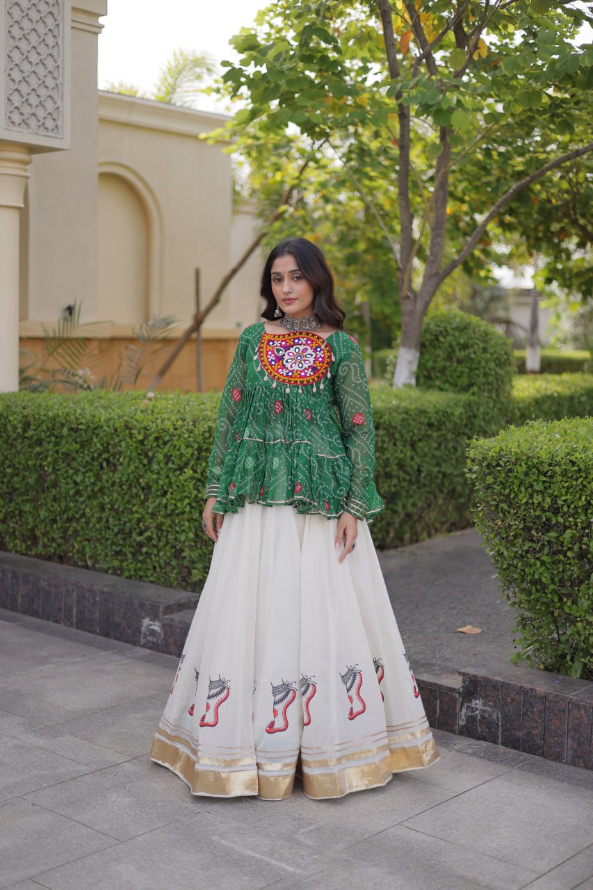 Bandhani Gamthi Patchwork Top with Kora Cotton Gota Lace Lehenga