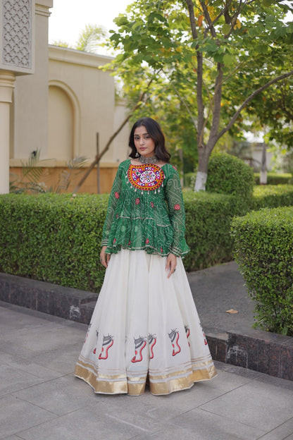 Bandhani Gamthi Patchwork Top with Kora Cotton Gota Lace Lehenga
