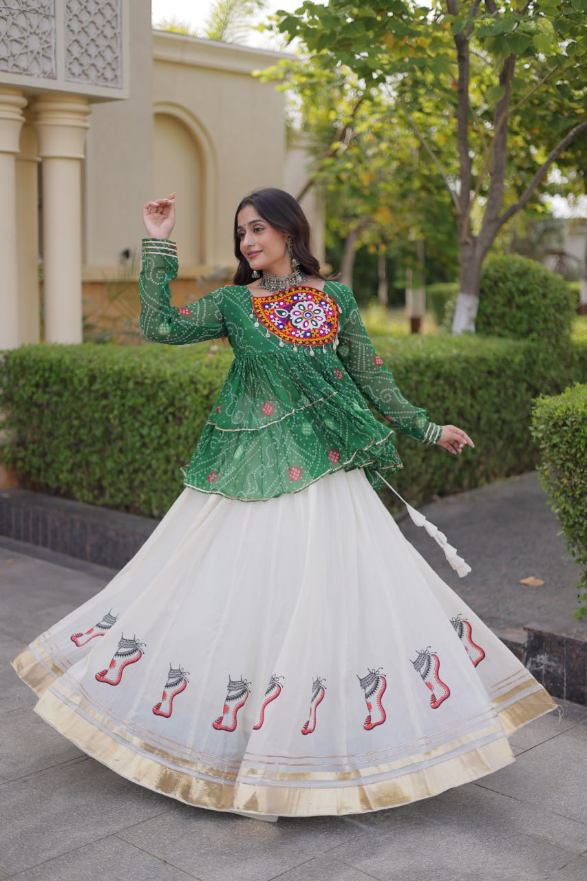 Bandhani Gamthi Patchwork Top with Kora Cotton Gota Lace Lehenga
