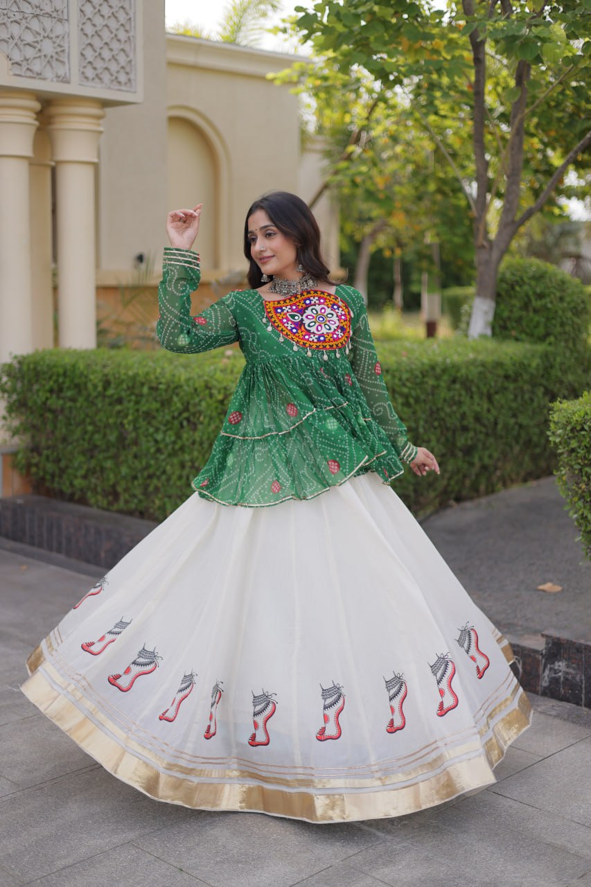 Bandhani Gamthi Patchwork Top with Kora Cotton Gota Lace Lehenga