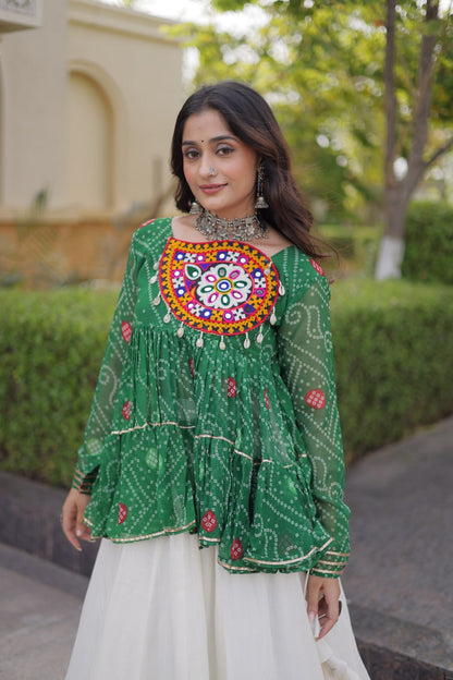 Bandhani Gamthi Patchwork Top with Kora Cotton Gota Lace Lehenga