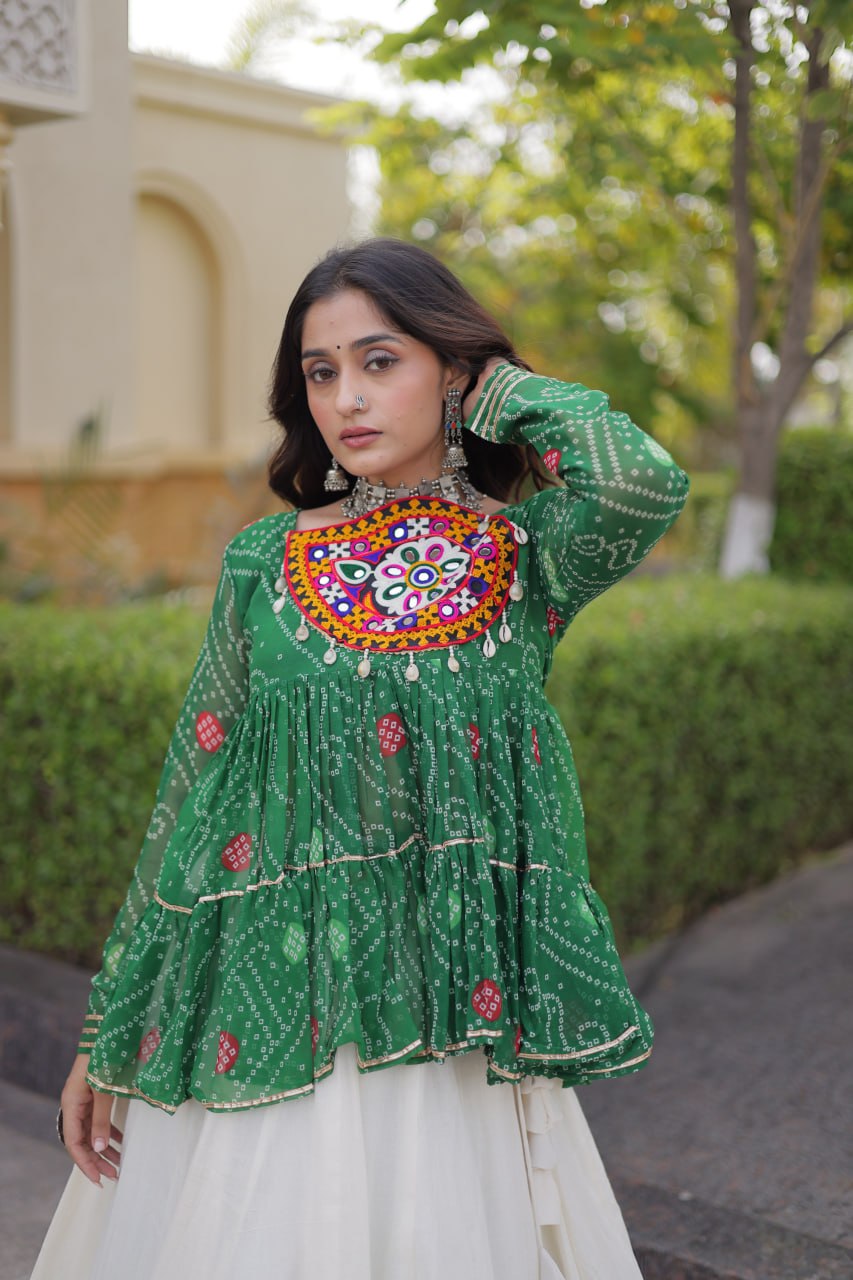 Bandhani Gamthi Patchwork Top with Kora Cotton Gota Lace Lehenga