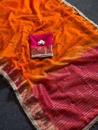 Ghungroo Border Saree with Golden Zari Work & Decorative Tassels
