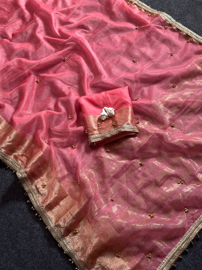 Ghungroo Border Saree with Golden Zari Work & Decorative Tassels