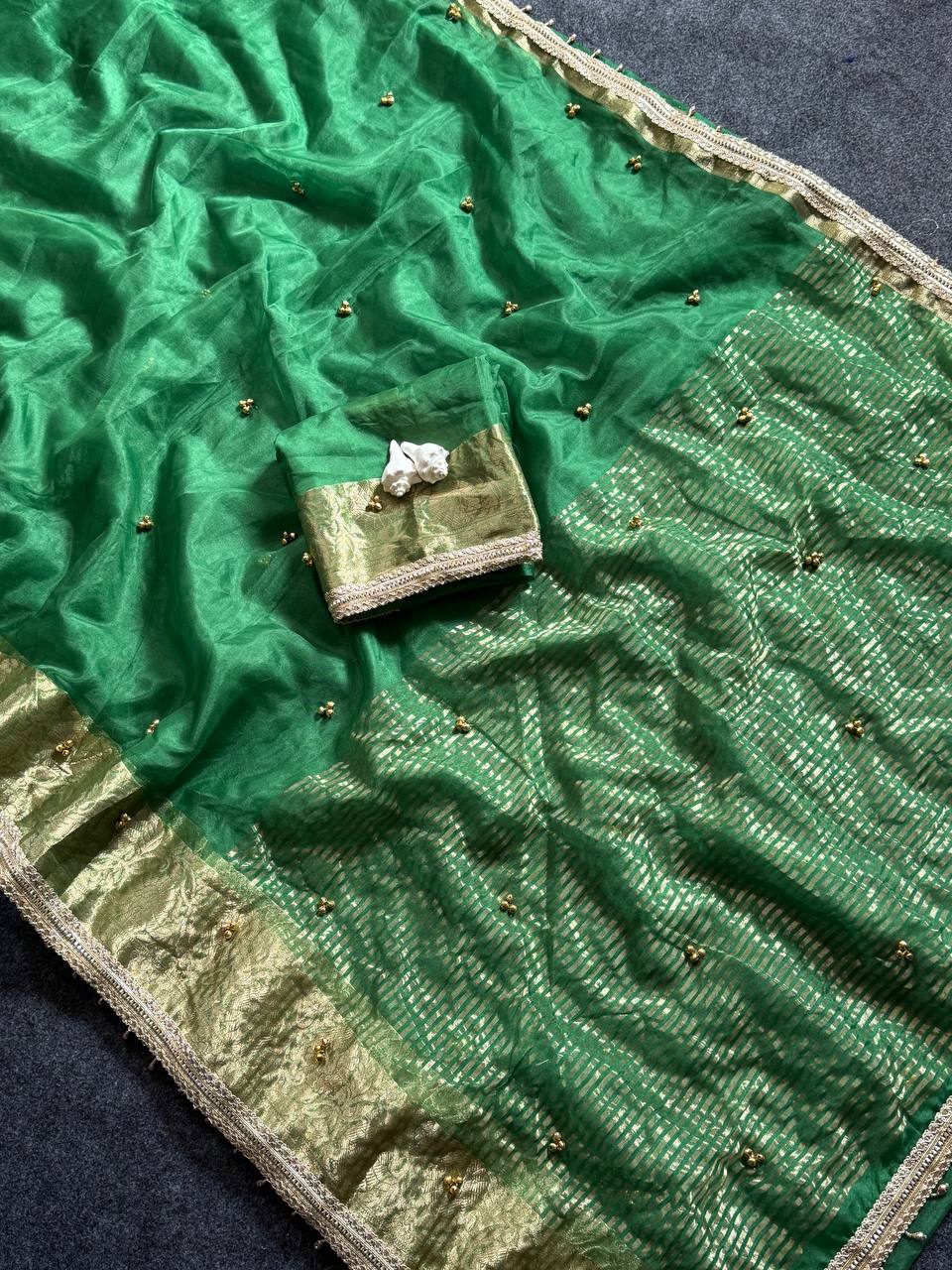 Ghungroo Border Saree with Golden Zari Work & Decorative Tassels