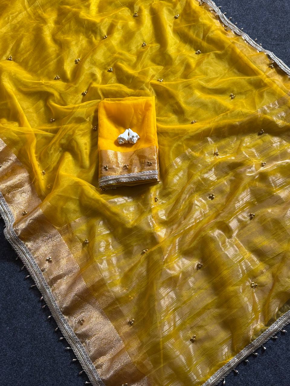 Ghungroo Border Saree with Golden Zari Work & Decorative Tassels