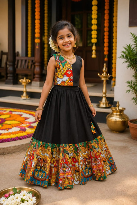 Girls Black Kathakali Print Lehenga Choli