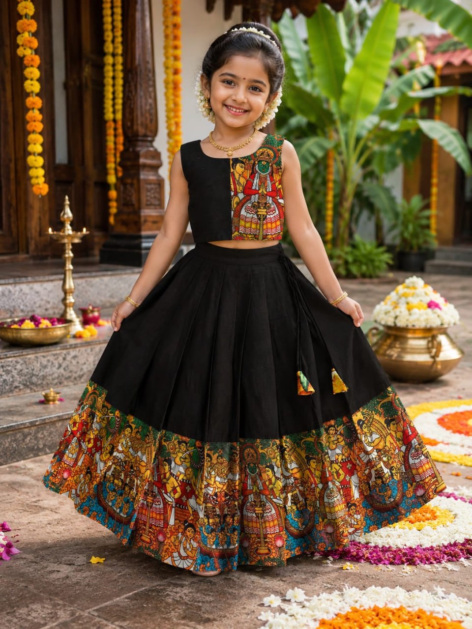 Girls Black Kathakali Print Lehenga Choli